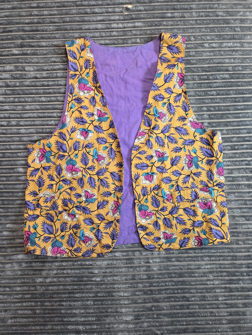 Yellow Floral Sleeveless Vest with Purple Lining